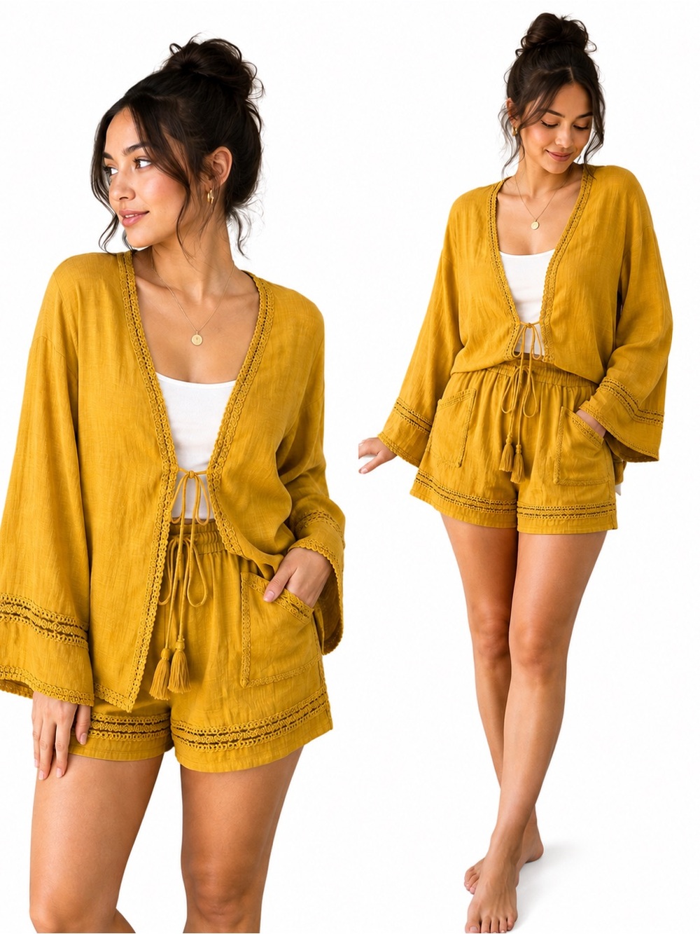 Women’s Mustard Yellow Swim Cover-Up Set - Lightweight Drawstring Top & Shorts
